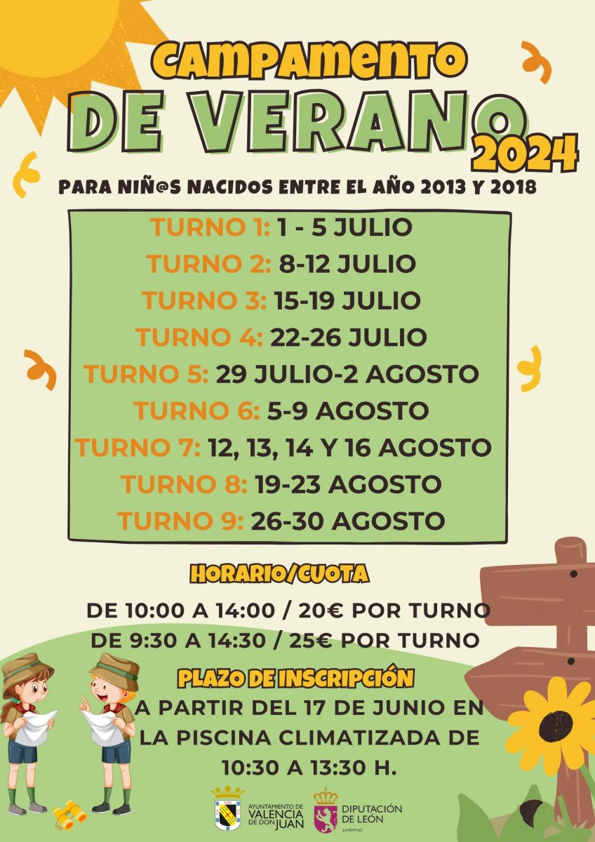 Cartel Campamento de Verano para Niños Infantil Ilustrado Verde y Amarillo